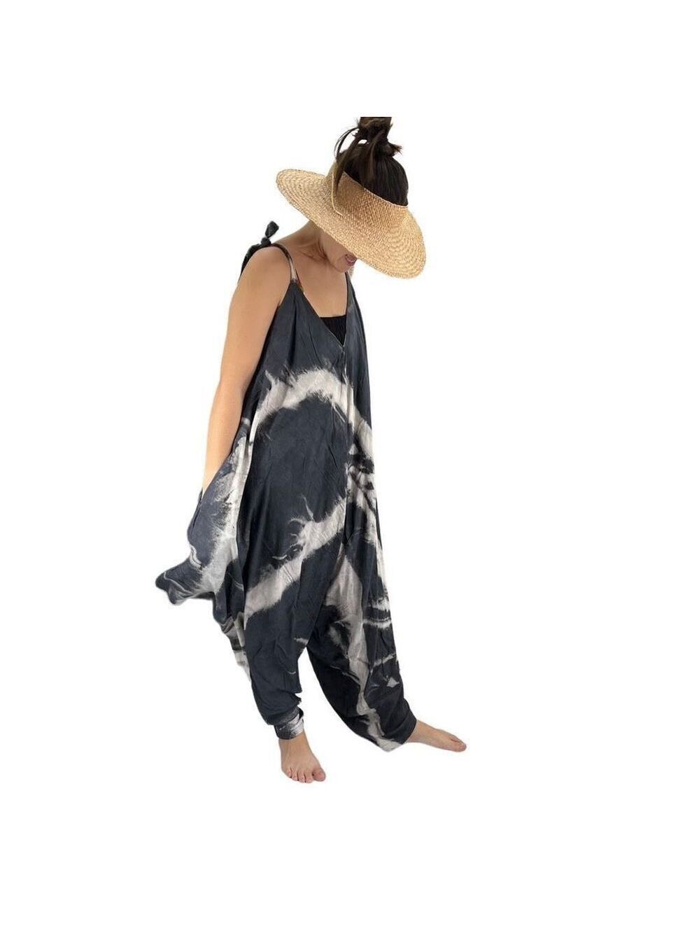 Pōʻalima Charcoal Gray Ivory Tropical Boho Wide Leg Beach Romper